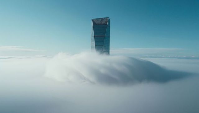 Skyscraper Tower Rising Through Dense Cloud Layer at High Altitude