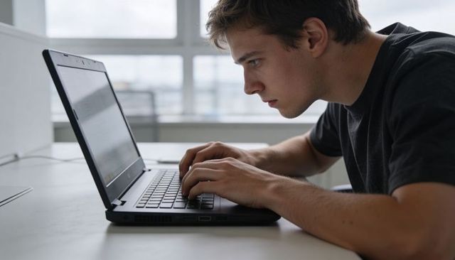 Young man leaning and typing on laptop with rising learning charts, focused remote study