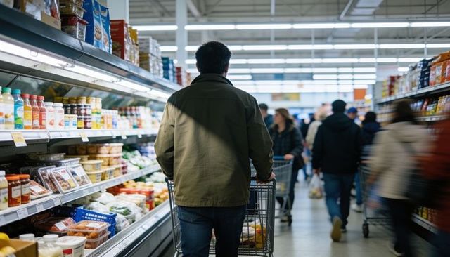 Man pushing shopping cart down crowded supermarket aisle selecting fresh groceries