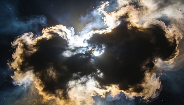 Backlit dark molecular cloud glowing with golden filaments in dramatic turbulent cosmic nebula