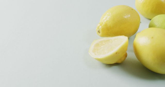 Image of fresh lemons and juicer lying on grey background. food, fruits, citrus, freshens and refreshment concept.