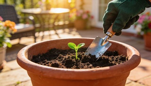 Gardener loosening soil with trowel tending sprout in clay pot on sunny patio