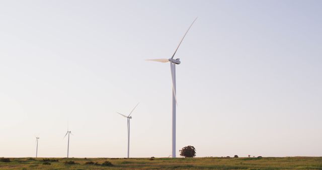 General view of wind turbines in countryside landscape with cloudless sky - Download Free Stock Photos Pikwizard.com