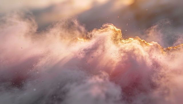 Ethereal pastel vapor cloudscape glowing with golden rimlight and sparkling dust