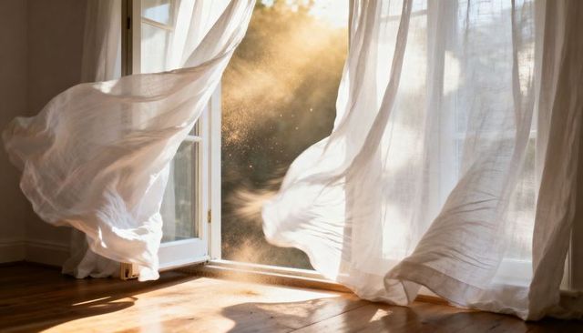 Sunlit sheer curtains billowing at open doorway revealing dust motes and warm wood floor