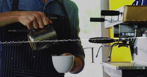 Barista pouring steamed milk into cup by espresso machine with data visualization overlay