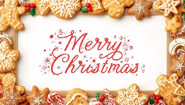 Merry christmas calligraphy framed by gingerbread cookie border, festive flatlay