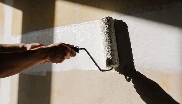 Hand applying white paint with roller on beige wall casting dramatic sunlight shadow