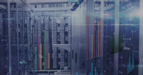 Data center server racks with led lights and patch cables