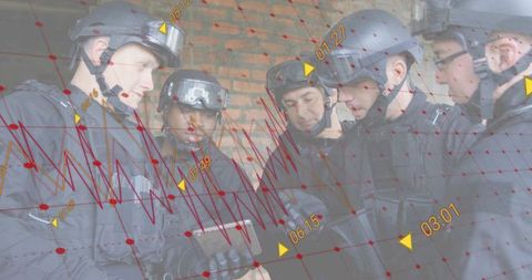Tactical team analyzing tablet with augmented data overlay and grid visualization