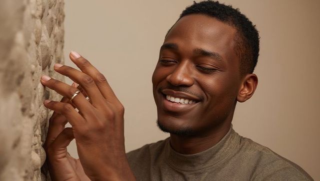 Smiling Man Enjoying Textured Wall Art at Home