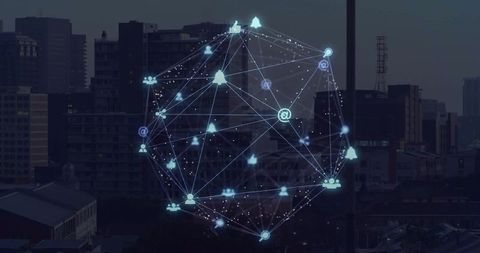 Holographic Network Globe Elevating in Urban Twilight