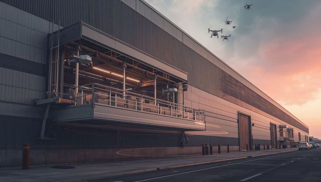 Drones hover over warehouse at dusk for logistics automation