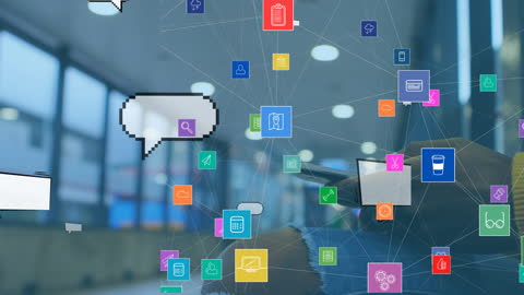 Digital Communication Icons Projected on Modern Office