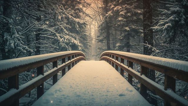Peaceful Winter Bridge Through Snowy Forest Landscape