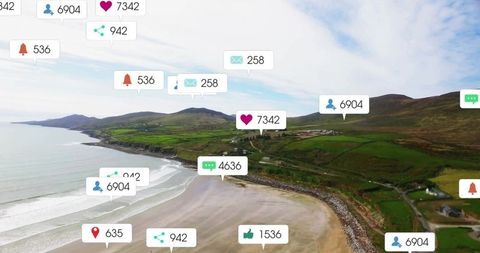 Social Media Notifications Above Tranquil Bay Landscape