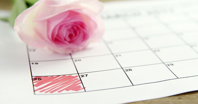 A pink rose lies atop a calendar with a date marked in red, with copy space. It suggests a reminder for a special occasion such as an anniversary, birthday, or significant event.