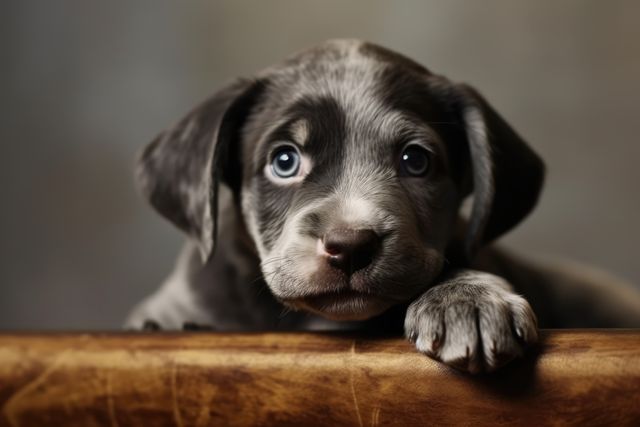 Close-up of an adorable gray puppy with captivating blue eyes resting on a leather couch. The puppy's innocent and endearing expression makes this image ideal for use in advertisements, pet adoption campaigns, pet food packaging, or as heartwarming content on social media. Perfect for illustrating themes of companionship, pet care, and the love of animals.