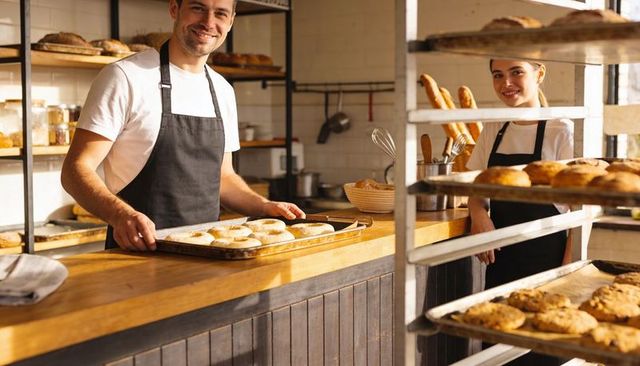Bakery team placing fresh bagels and pastries on counter, smiling bakers in aprons