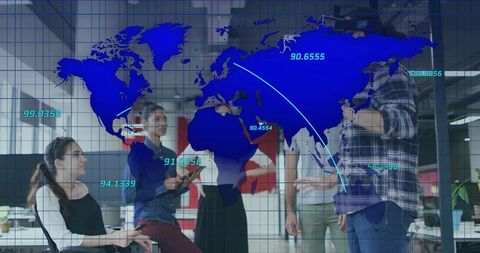 Team Discussing Global Strategies with World Map Projection