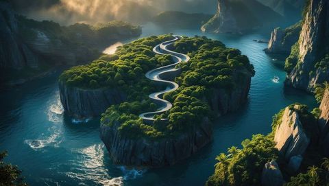 Winding road over serene tropical cliff island