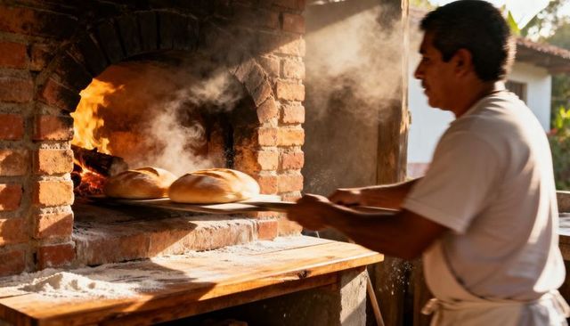 Artisan baker sliding rustic loaves into wood-fired brick oven with wooden peel