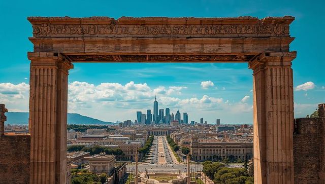 Framing ornate fluted arch with classical frieze over tree-lined avenue toward skyline