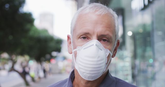Senior man wearing a protective face mask is outdoors with an urban background. Ideal for use in health and safety promotions, COVID-19 awareness campaigns, pandemic-related articles, and urban lifestyle features emphasizing health precautions.