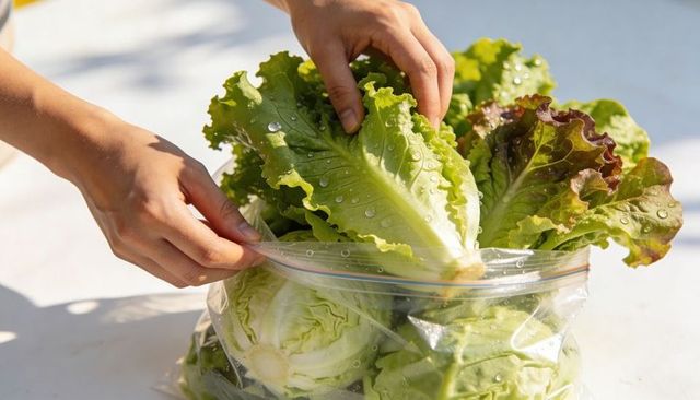 Hands packing washed lettuce into resealable bag on sunlit kitchen counter