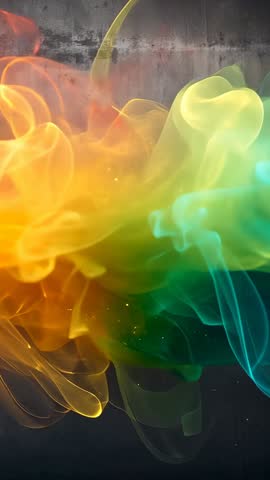Vertical video of flowing colorful smoke plume across concrete wall with glowing sparks