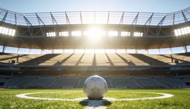Soccer ball resting on center circle at empty stadium with dramatic sunlight and shadows