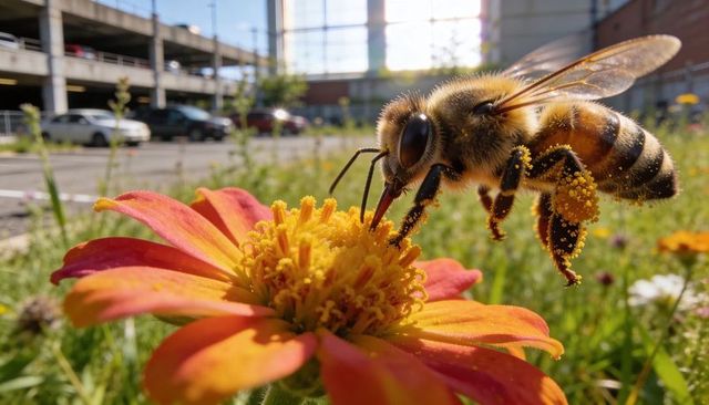 Honeybee foraging on orange daisy in urban pollinator meadow, backlit macro close-up