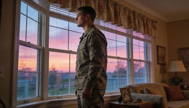 Soldier in uniform looking out window at sunset in cozy living room