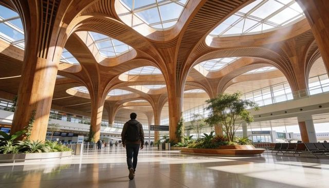 Traveler walking through sunlit wooden-arched airport terminal with skylights