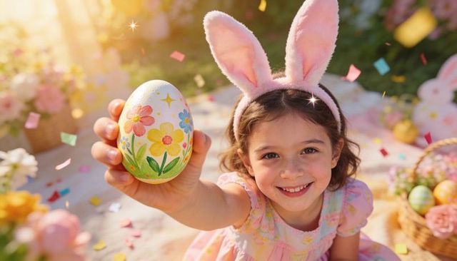 Smiling girl in bunny ears holding hand-painted easter egg outdoors in sunny spring garden