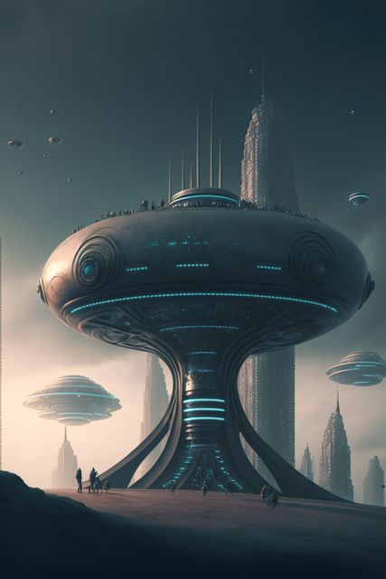 This image depicts a futuristic cityscape featuring UFO-inspired buildings and advanced technology. Hovering flying saucers and modern skyscrapers add to the sci-fi atmosphere. Ideal for sci-fi book covers, virtual reality promotions, gaming backgrounds, and futuristic design inspirations.