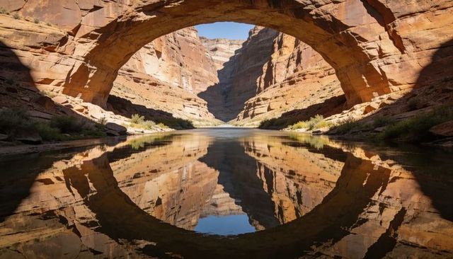 Massive sandstone arch framing calm river reflection in narrow desert canyon, sunlit layered cliffs