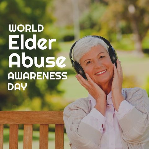 senior woman smiling with headphones promotes elder abuse awareness - Download Free Stock Templates Pikwizard.com