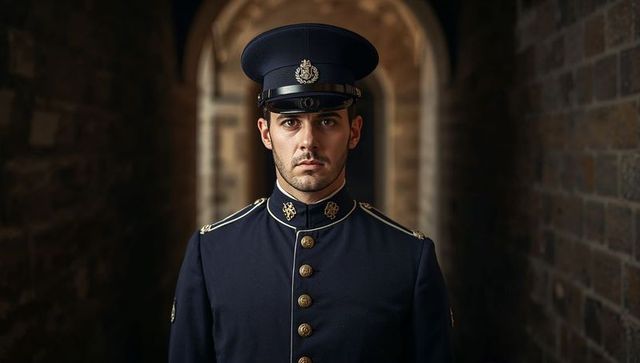 Uniformed Officer Standing at Attention in Historic Corridor
