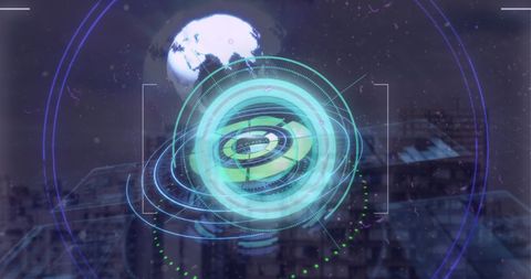 Futuristic global data interface over cityscape