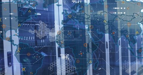Digital Interface with World Map and Data Processing in Server Room - Download Free Stock Images Pikwizard.com