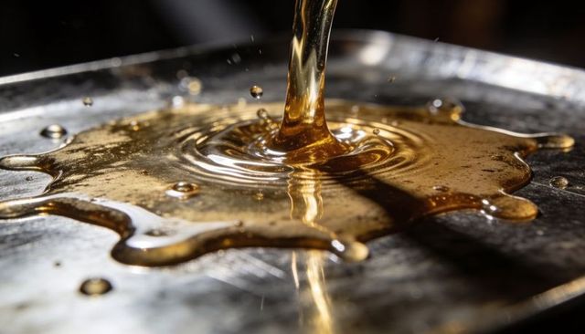 Pouring golden syrup creating glossy amber ripples and splash on reflective metal pan