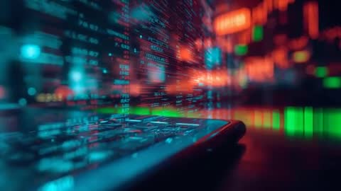 Smartphone Streaming Live Market Data with Neon Tickers and Reflective Desk Bokeh