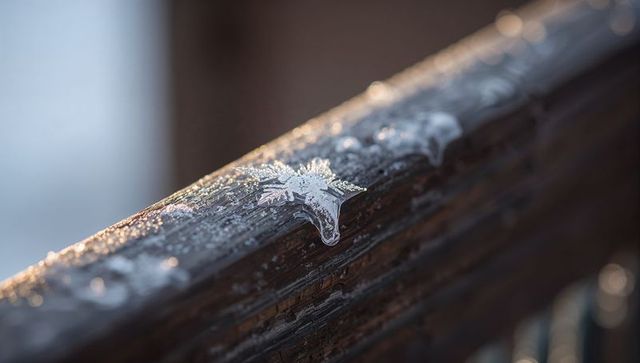 Star-shaped ice crystal melting on weathered wooden railing during golden hour macro
