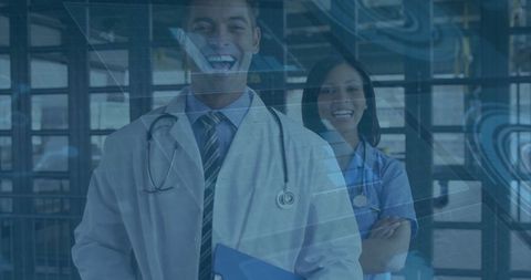 Cheerful medical team in hospital corridor