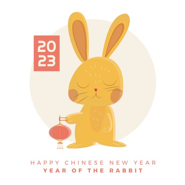 Composition of happy chinese new year text over rabbit on white background. Chinese new year, tradition and celebration concept digitally generated image.