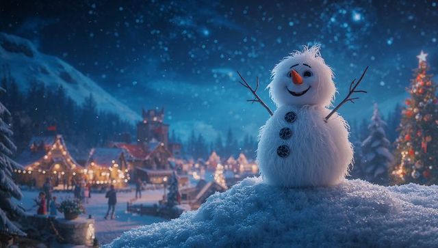 Fluffy Snowman Overlooking Festive Village Square at Night