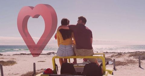 Romantic Couple Gazing at Beach Horizon in Yellow Jeep Adventure
