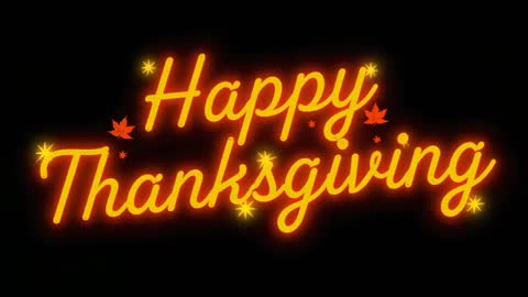 Looping Neon Happy Thanksgiving Script Animation Pulsing with Autumn Leaves and Stars