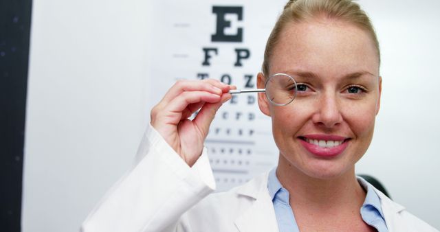 Optometrist Smiling While Using Magnifying Lens in Eye Clinic - Download Free Stock Images Pikwizard.com